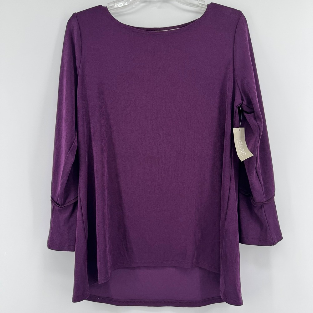 NEW Chico's Travelers Trim Detail Top Womens Medium Purple Long Sleeve Boat Neck